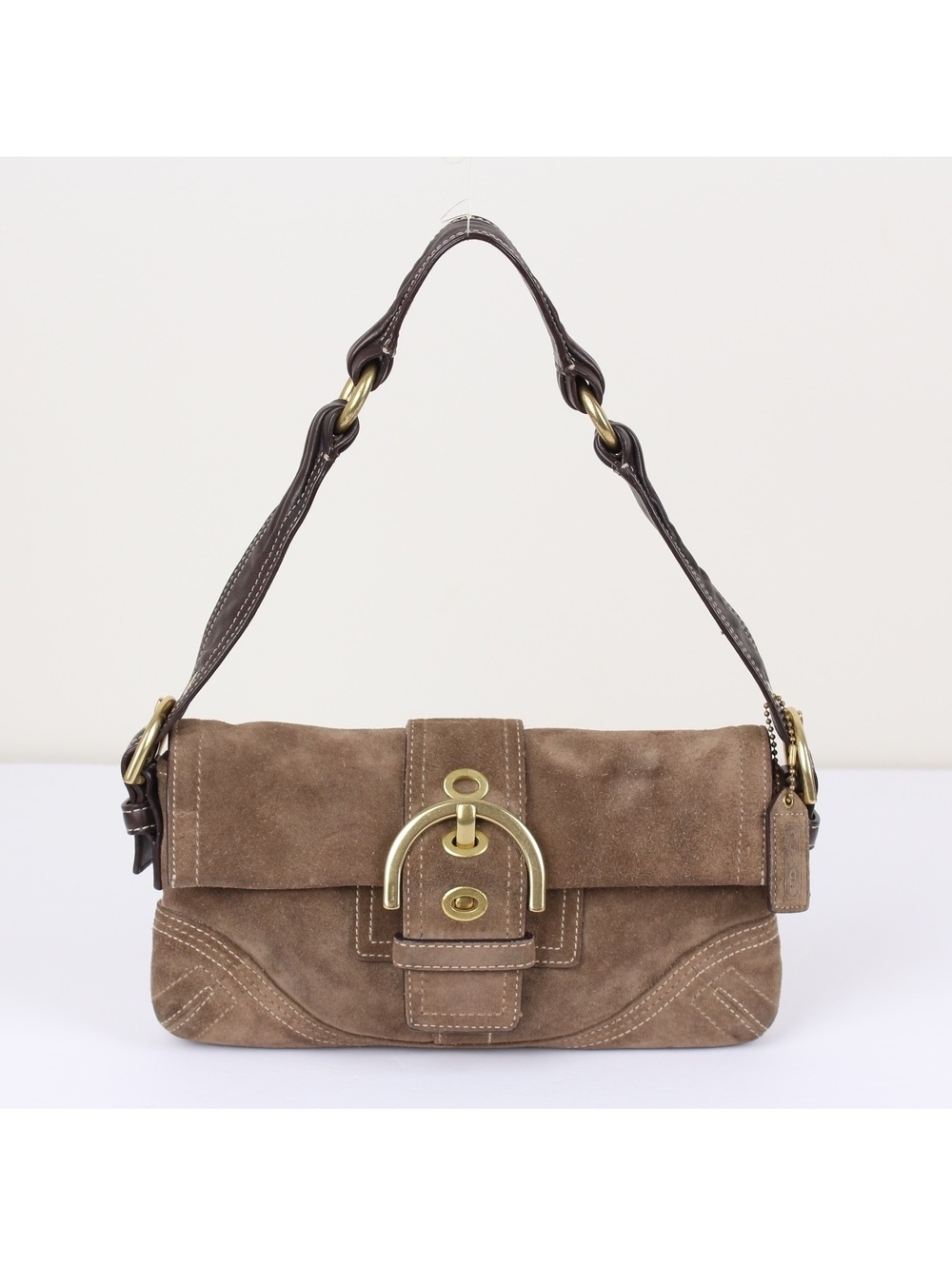 Vintage Coach Soho Brown Suede Flap Shoulder Bag Leather Trim 8A18 Y2K Purse